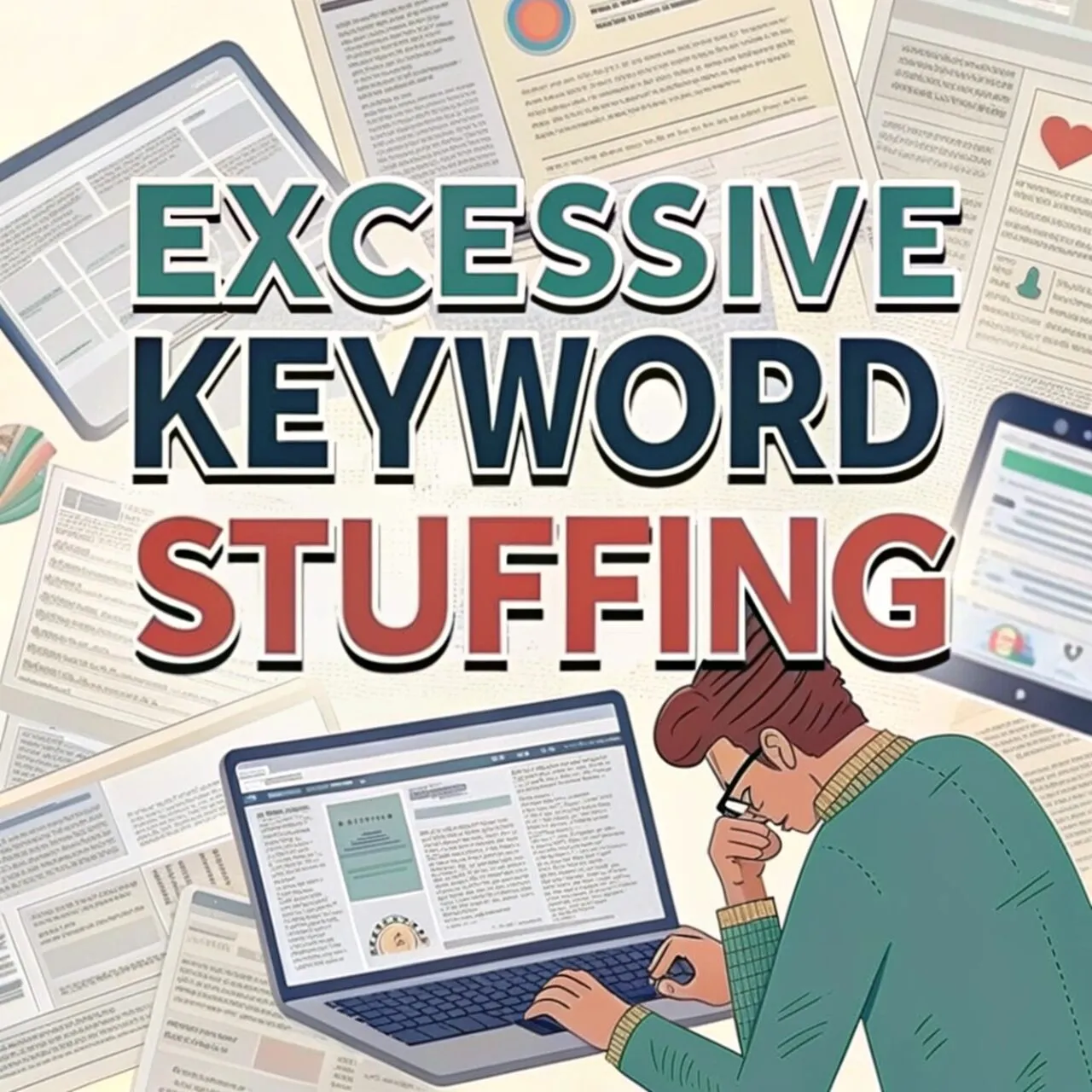 Beispiel für übermäßiges Keyword Stuffing in Web-Inhalten mit hervorgehobenen sich wiederholenden Phrasen
