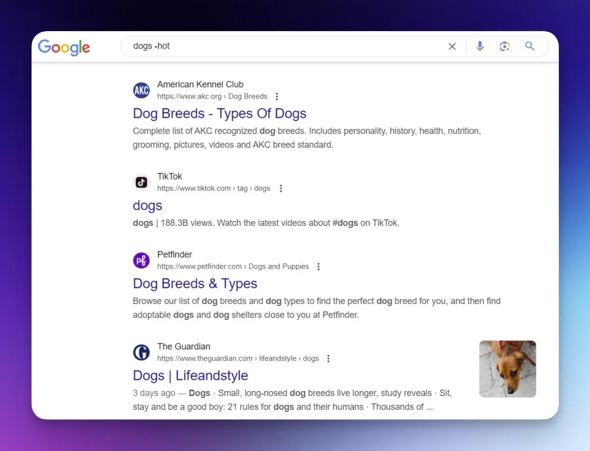 google search by typing minus symbol to exclude a word