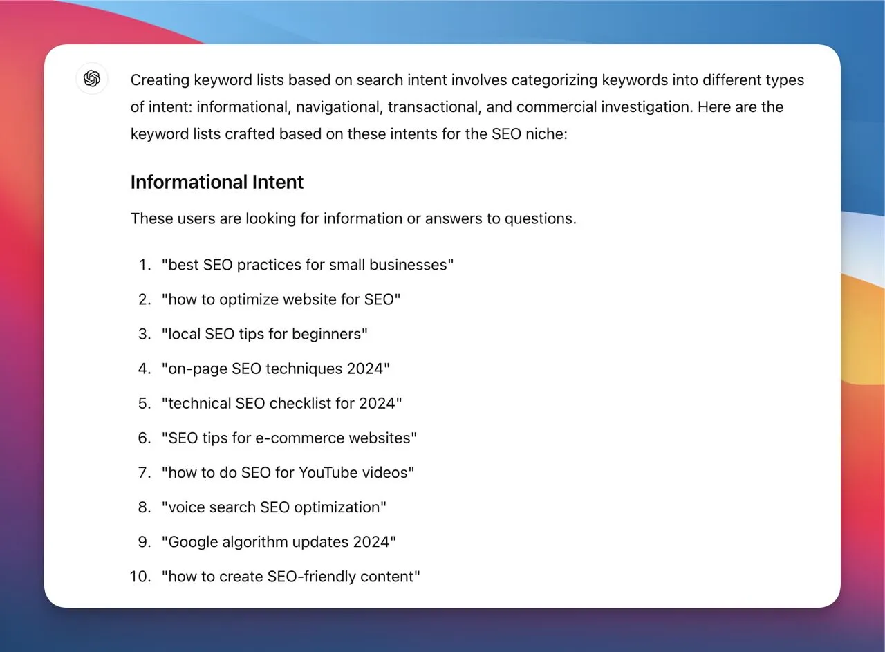 keyword list generated by chatgpt