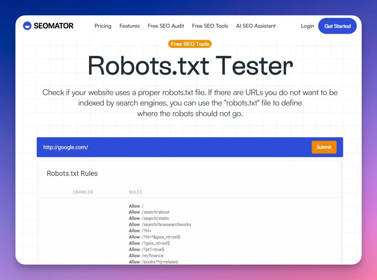 SEOmator's free robots.txt tester tool