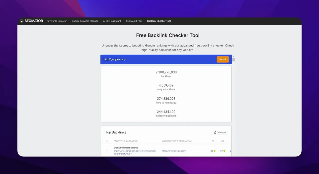 SEOmator's Dashboard als Backlink Checker Tool