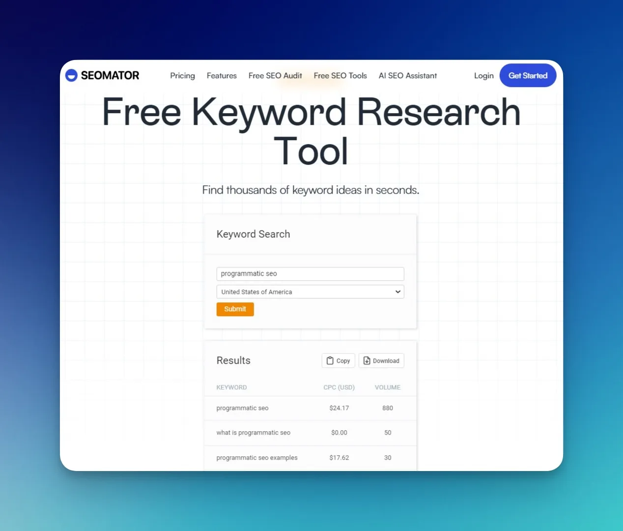 SEOmator keyword research tool interface showing search volume and competition data for programmatic SEO planning