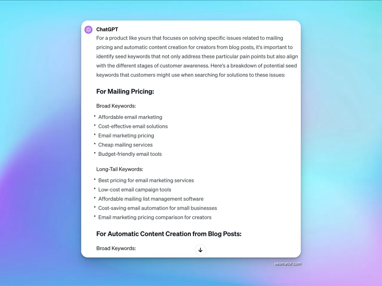 Problem-solution keyword generation in ChatGPT with intent-based keyword suggestions