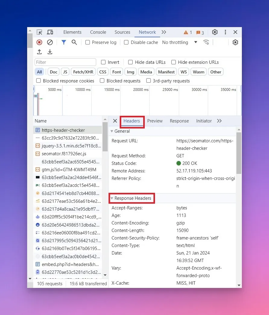 response headers checking from Chrome's developer tools
