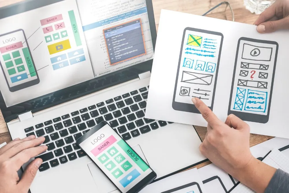 Visuelle Darstellung von User-Experience-Elementen, die SEO beeinflussen, einschließlich Seitengeschwindigkeit, mobiles Design und Navigation