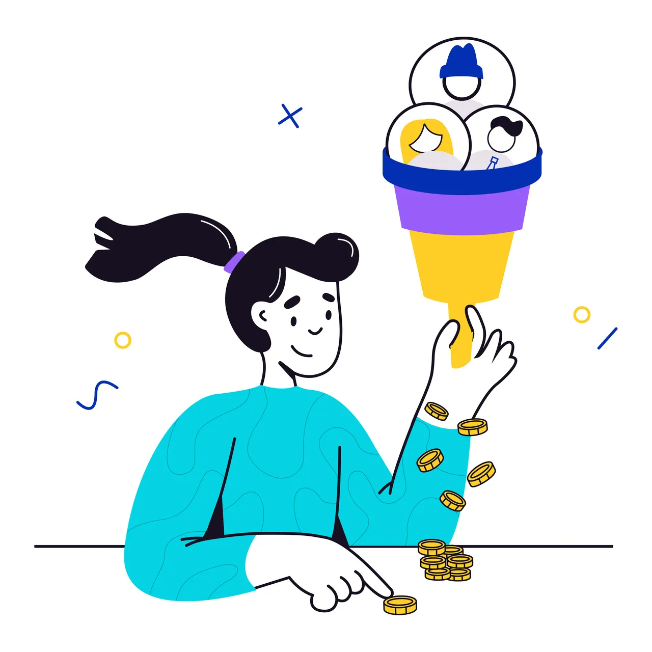 an illustration that shows a woman holding a sales funnel in her hands