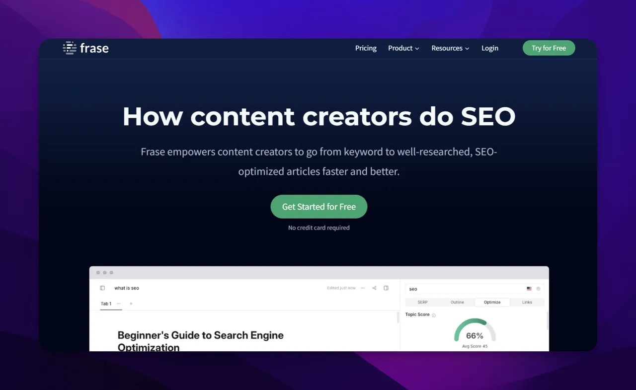 Frase homepage showing AI content brief and writing tools
