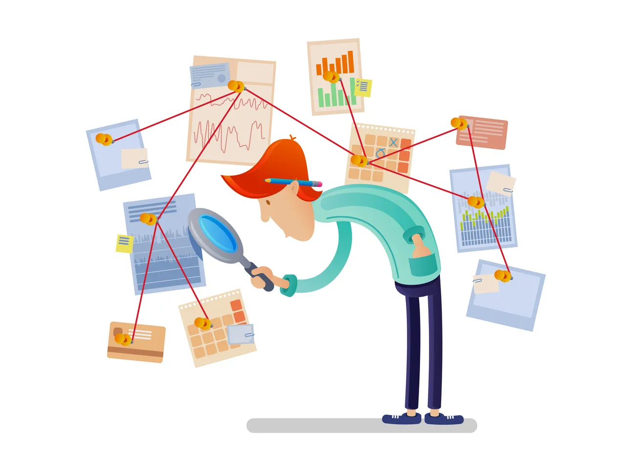 an analyst man illustration who checks various types of pages