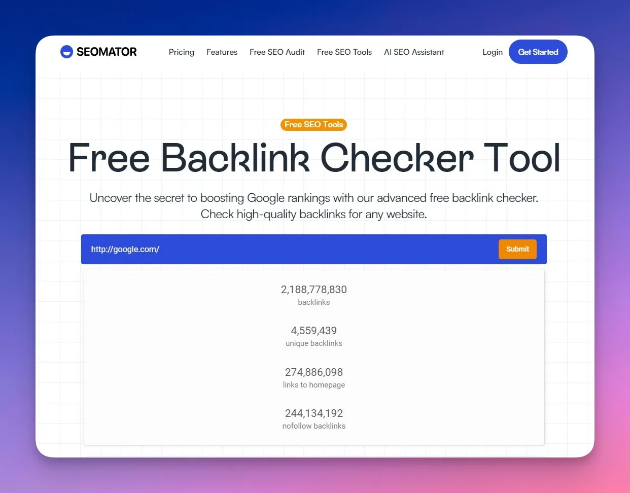 SEOmator's Backlink-Überprüfungswerkzeug