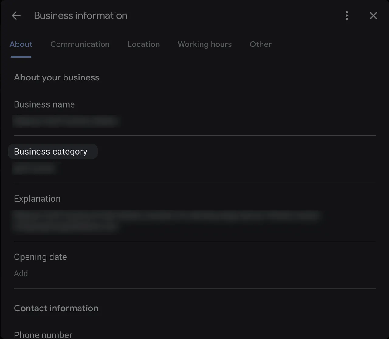 business category selection