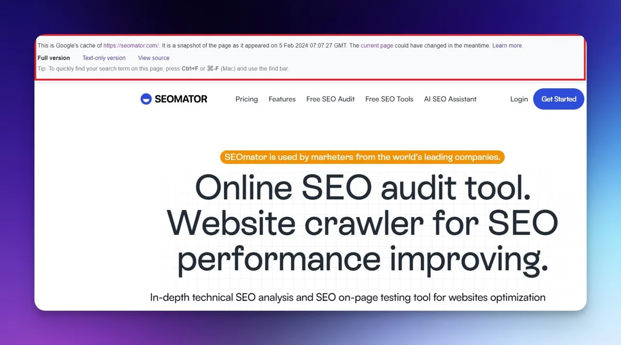 Google's Cache Search Operator result