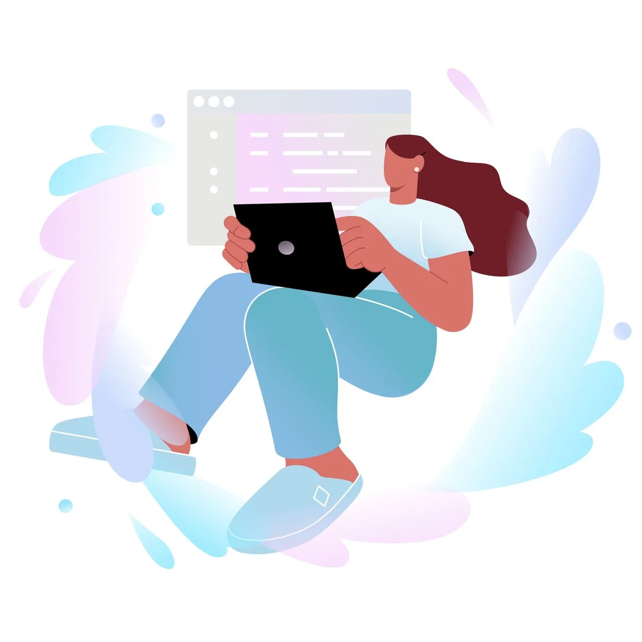 an illustrative woman who is writing an evergreen content