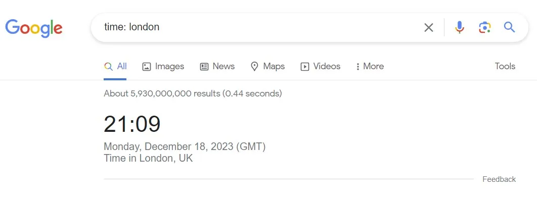 time search operator query for the local time in London