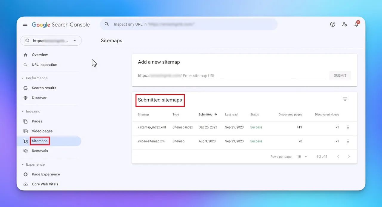 Registerkarte Sitemap in der Google Search Console