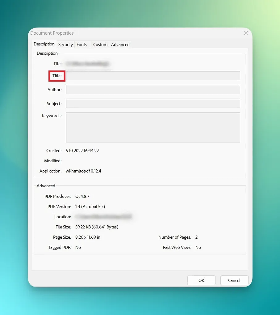 document properties window