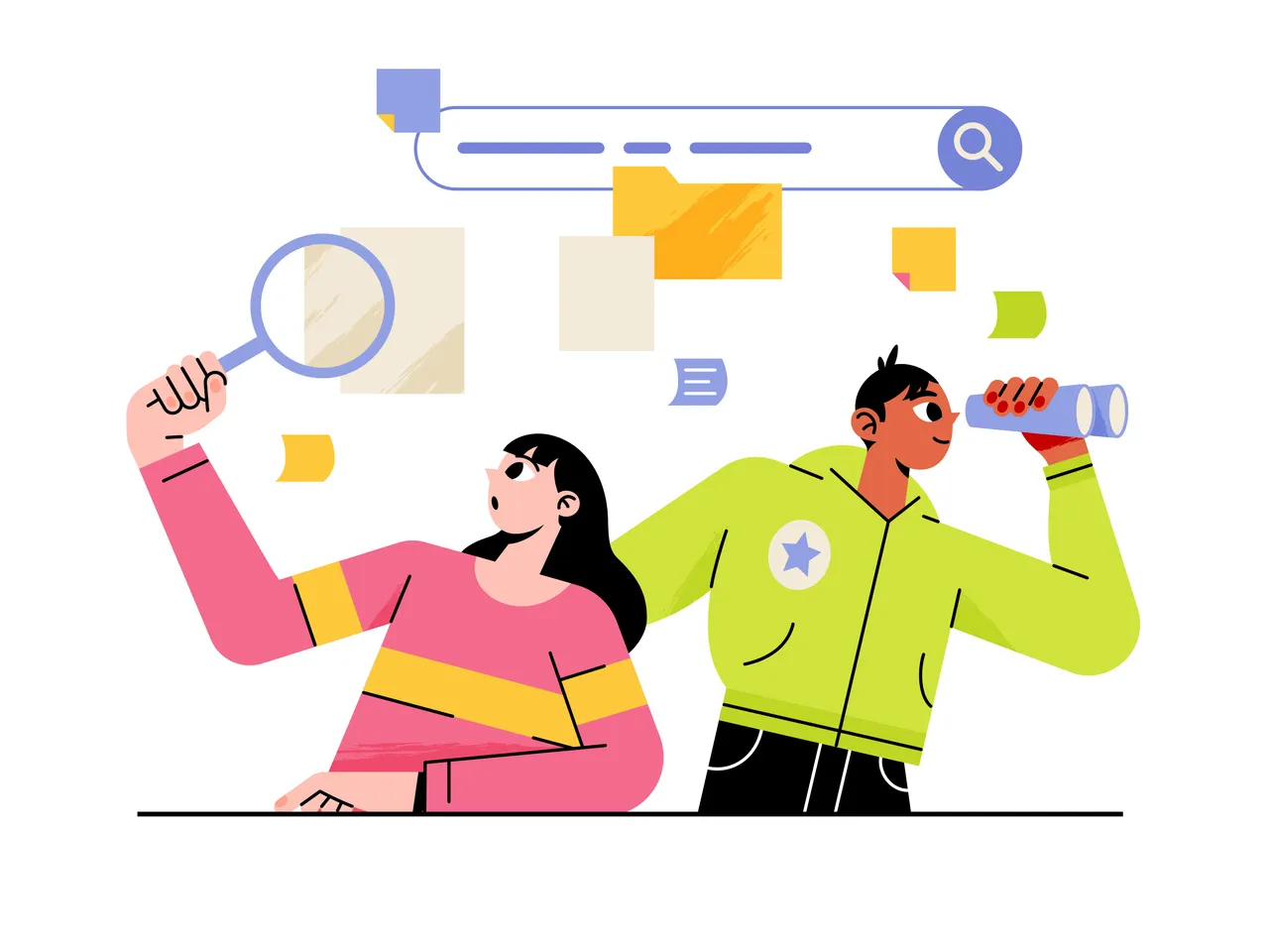 illustrierte Frau und Mann auf der Suche nach seo und sem Begriffen