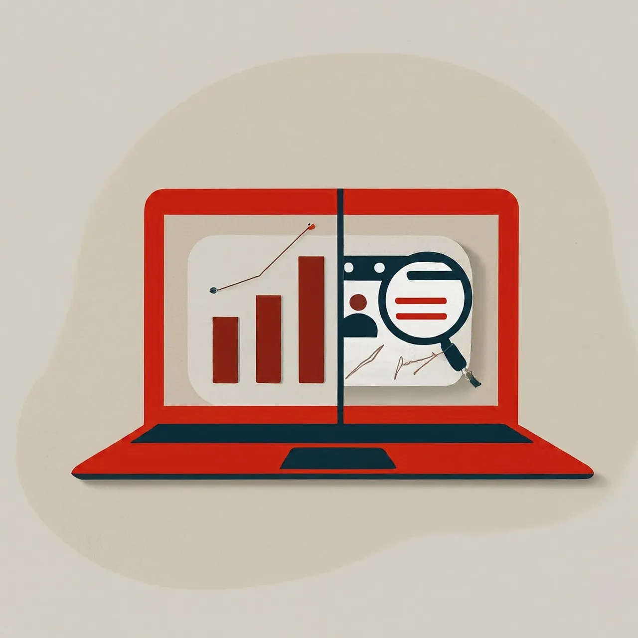 increasing graphic on the left side of the laptop screen and a magnifying glass on the right side f the screen