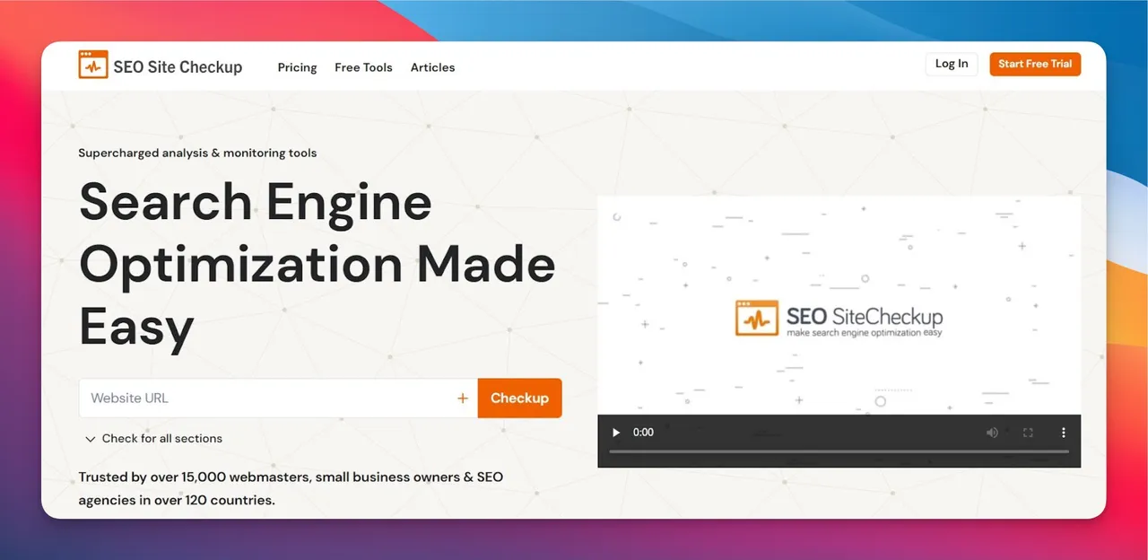 SEO Site Checkup audit results showing pass/fail checks for meta tags, speed, and mobile optimization