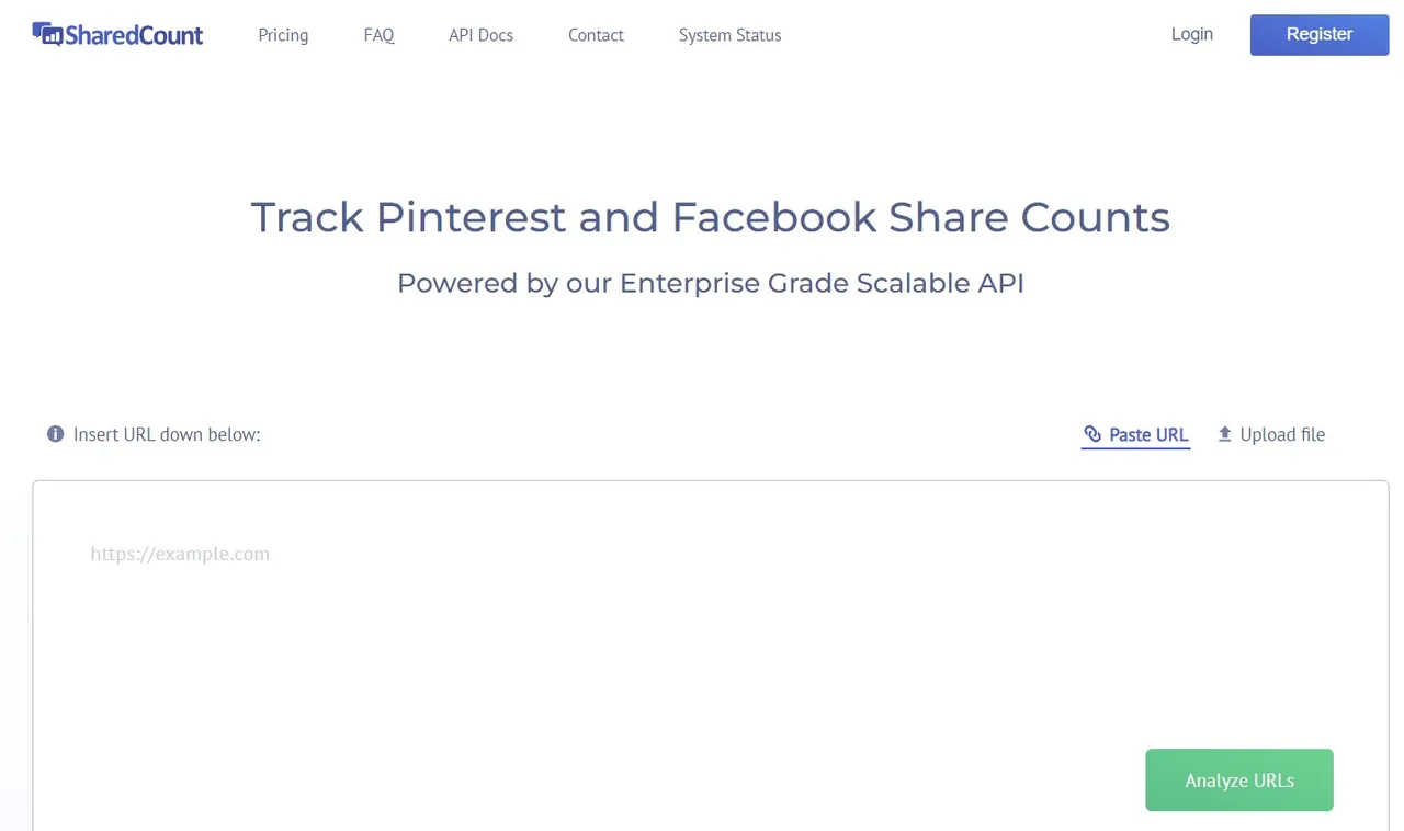 The homepage of SharedCount which helps to count Pinterest and Facebook shares