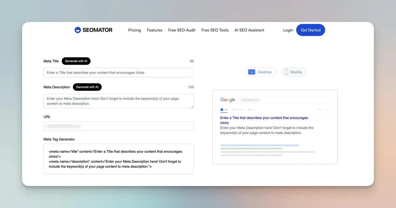 SEOmator's AI-powered meta title and meta description generator