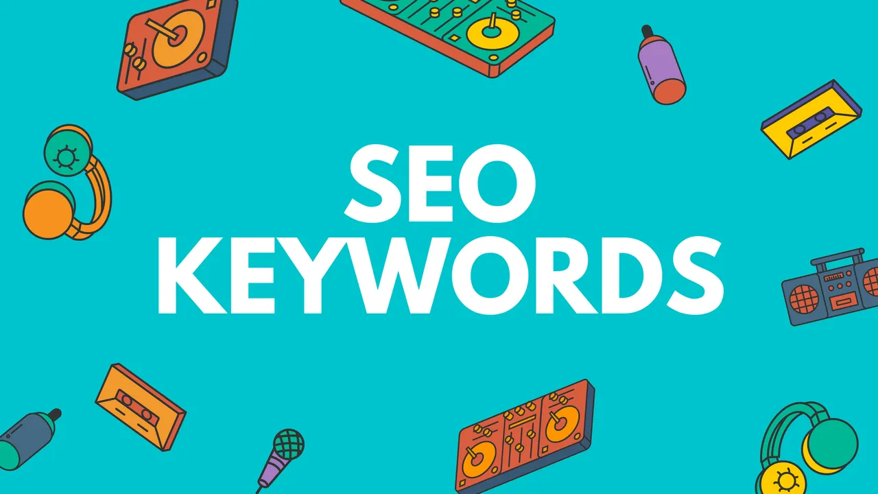 SEO Keyword text on the turquoise background with some illustration designs