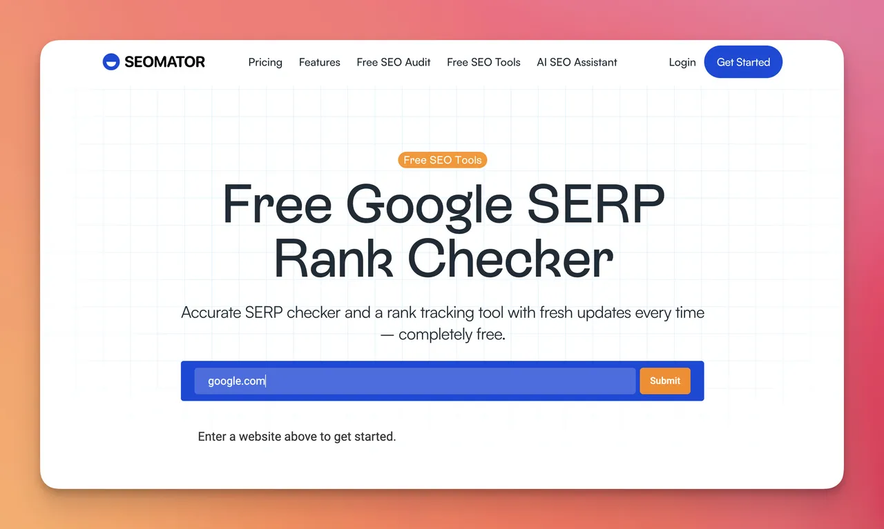entering an URL to SEOmator's free google SERP rank checker tool