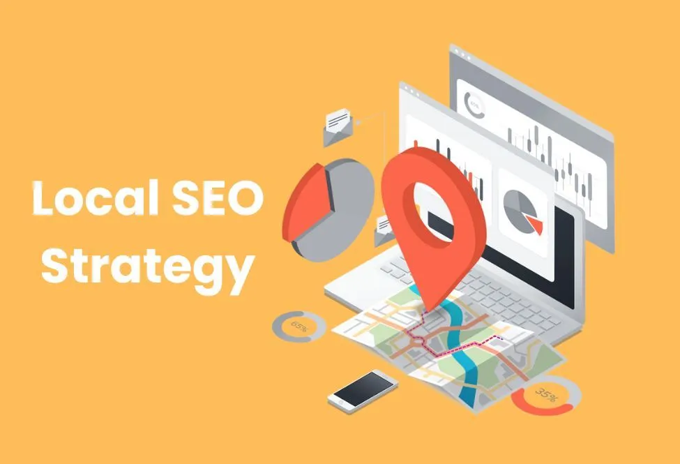 Map illustration showing local SEO optimization strategies for voice search including Google Business Profile, local citations, and near me queries