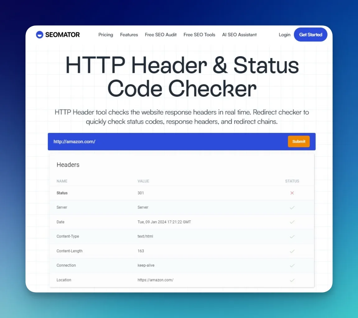 SEOmator's http checker tool