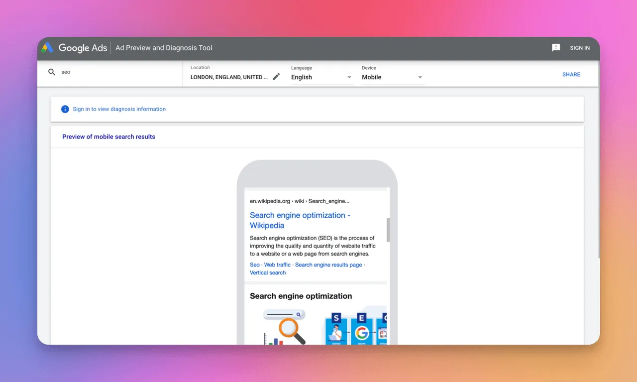 Google Ads Preview and Diagnosis Tool showing location, language, and device settings for SERP preview