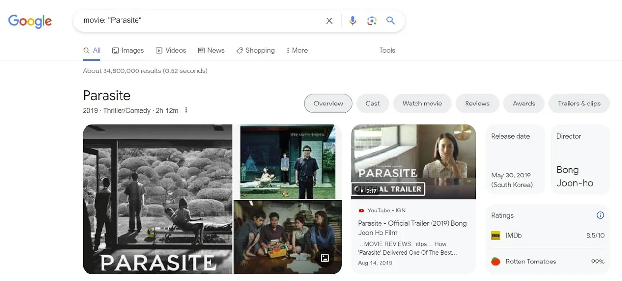 movie search operator showing Google's film information panel