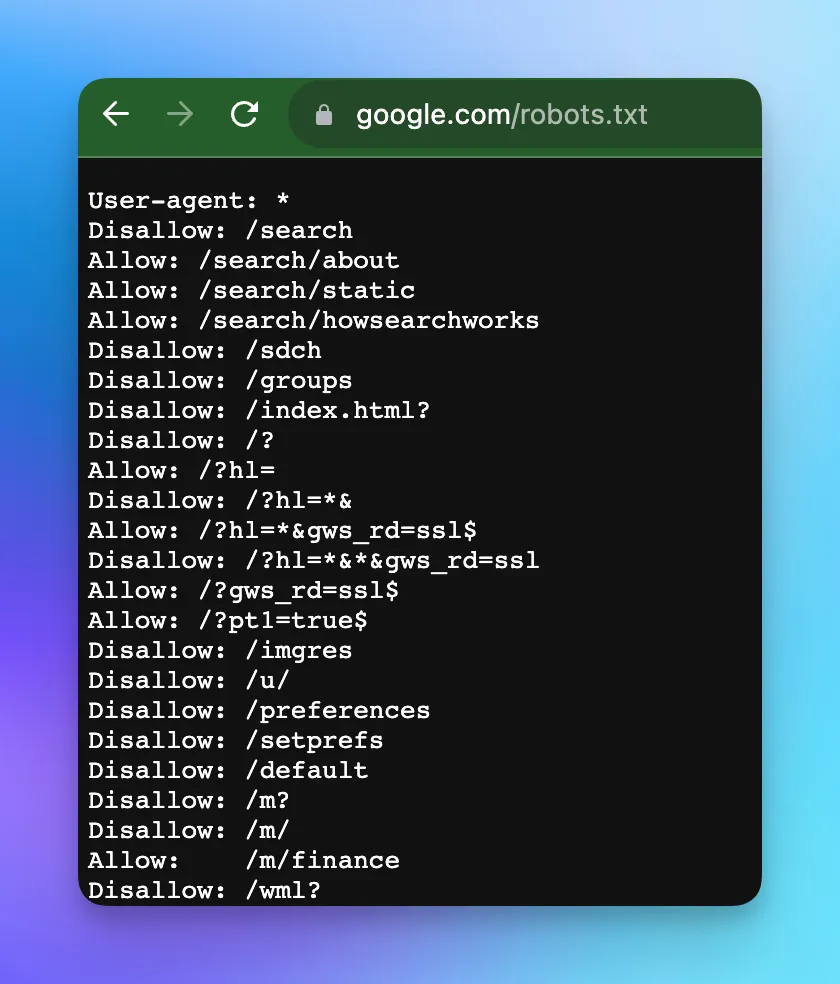 Example of a robots.txt file showing Disallow directives