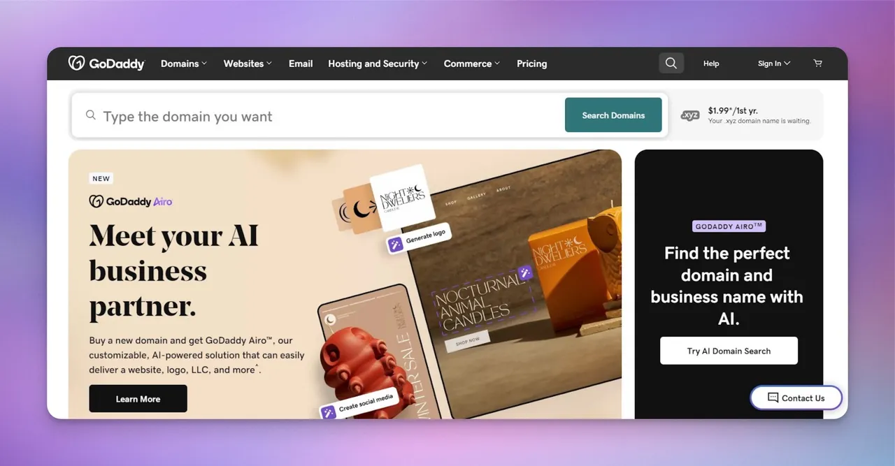 GoDaddy website builder homepage showing domain management and website hosting options for small businesses
