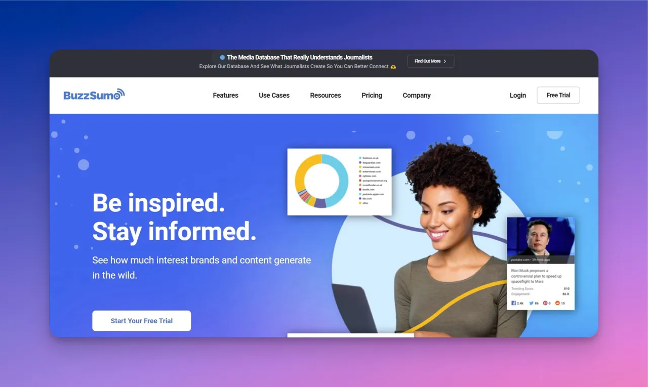 BuzzSumo Content Analyzer mit meistgeteilten Artikeln und Social-Engagement-Metriken