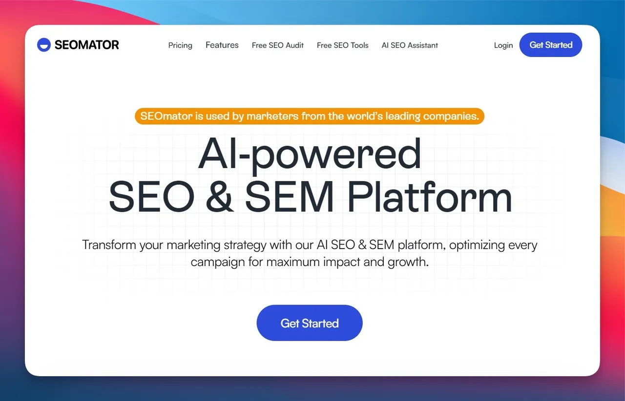 SEOmator dashboard showing website audit results with health score, crawl statistics, and SEO issue categories
