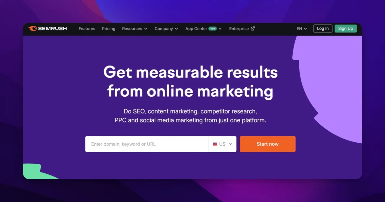 Semrush homepage showing keyword research and site audit tools
