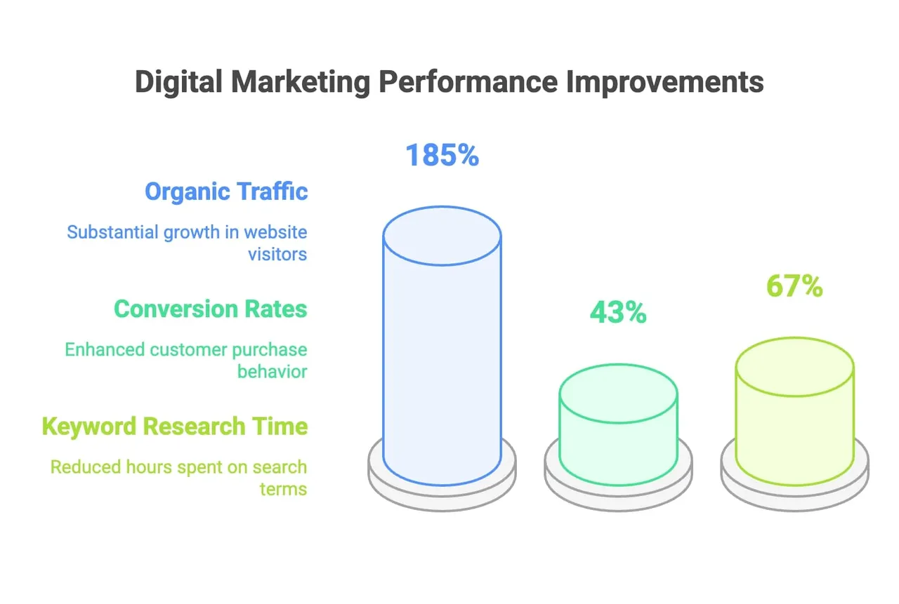 A graph illustrating digital marketing performance improvements with upward trends and key metrics highlighted.