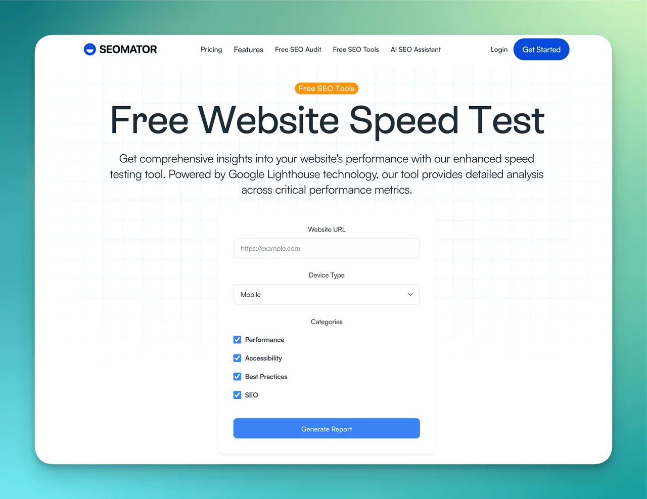 SEOmator Website-Geschwindigkeitstest-Tool mit Seitenladezeiten-Metriken einschließlich Time to First Byte, Largest Contentful Paint und Total Blocking Time