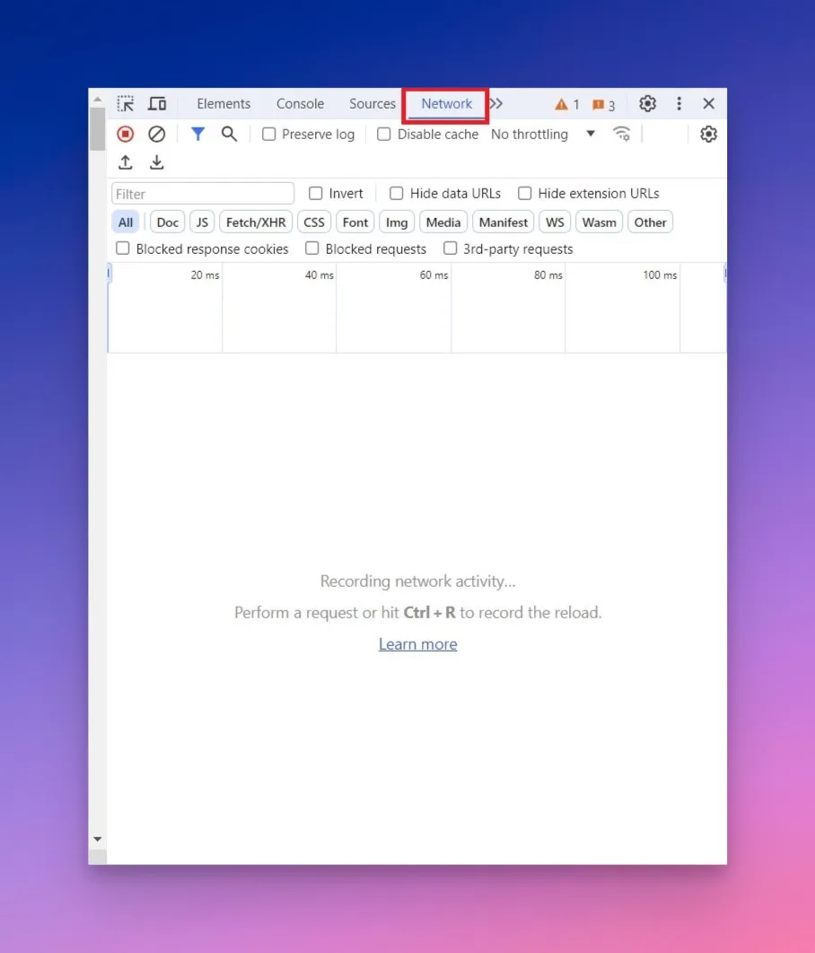 Registerkarte "Netzwerk" der Chrome-Entwicklerwerkzeuge