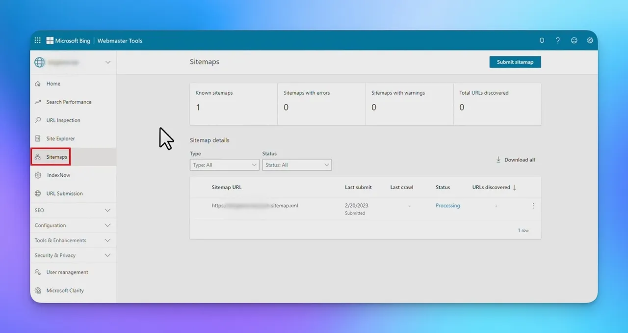 Registerkarte Sitemap in den Bing Webmaster Tools