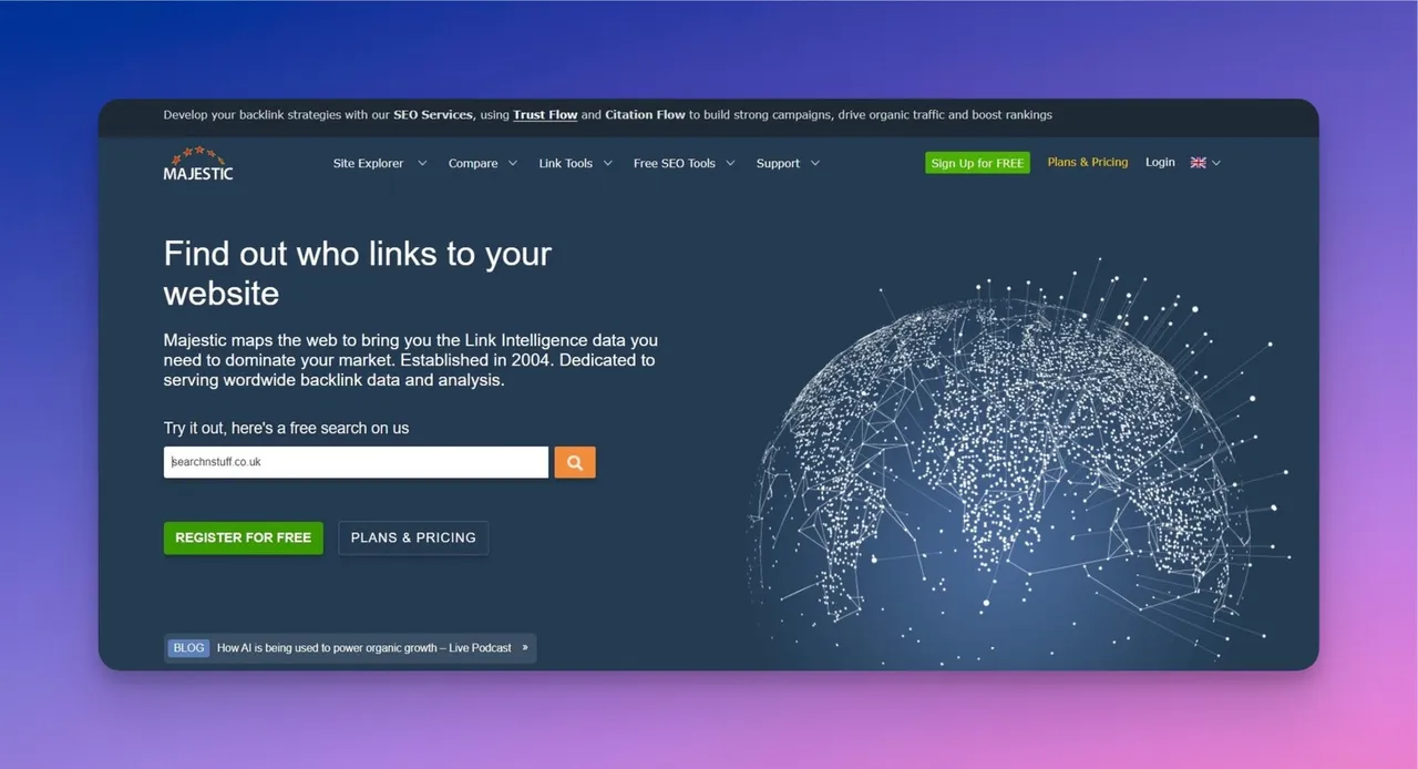 Majestic SEO Homepage mit Trust Flow und Citation Flow Metriken fuer die Backlink-Analyse
