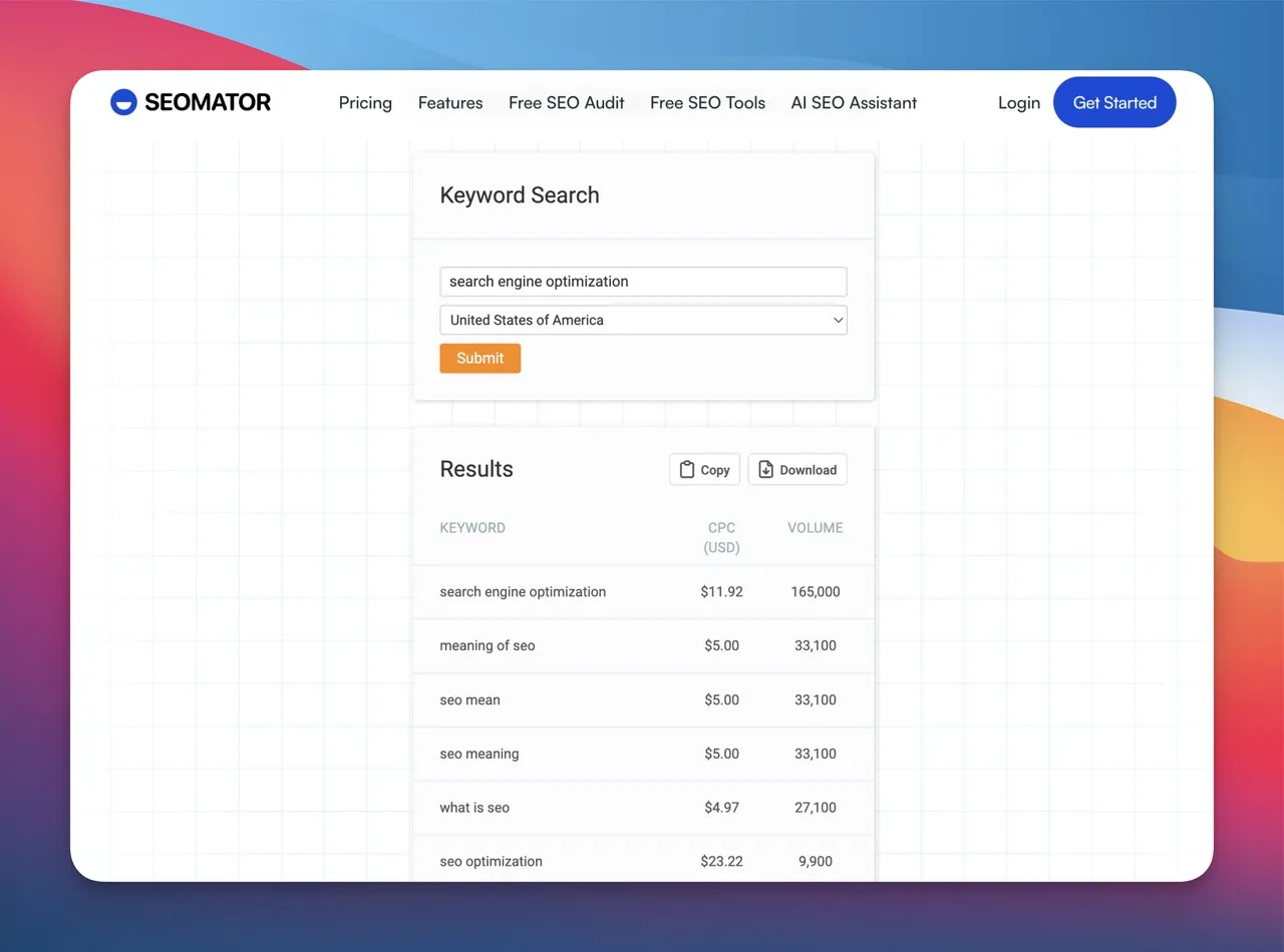 SEOmator's keyword research tool