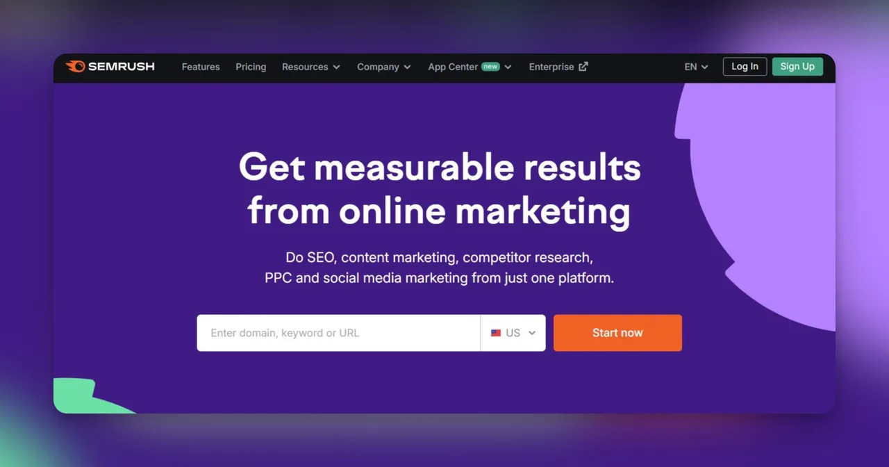 Semrush homepage featuring keyword research and competitive analysis tools