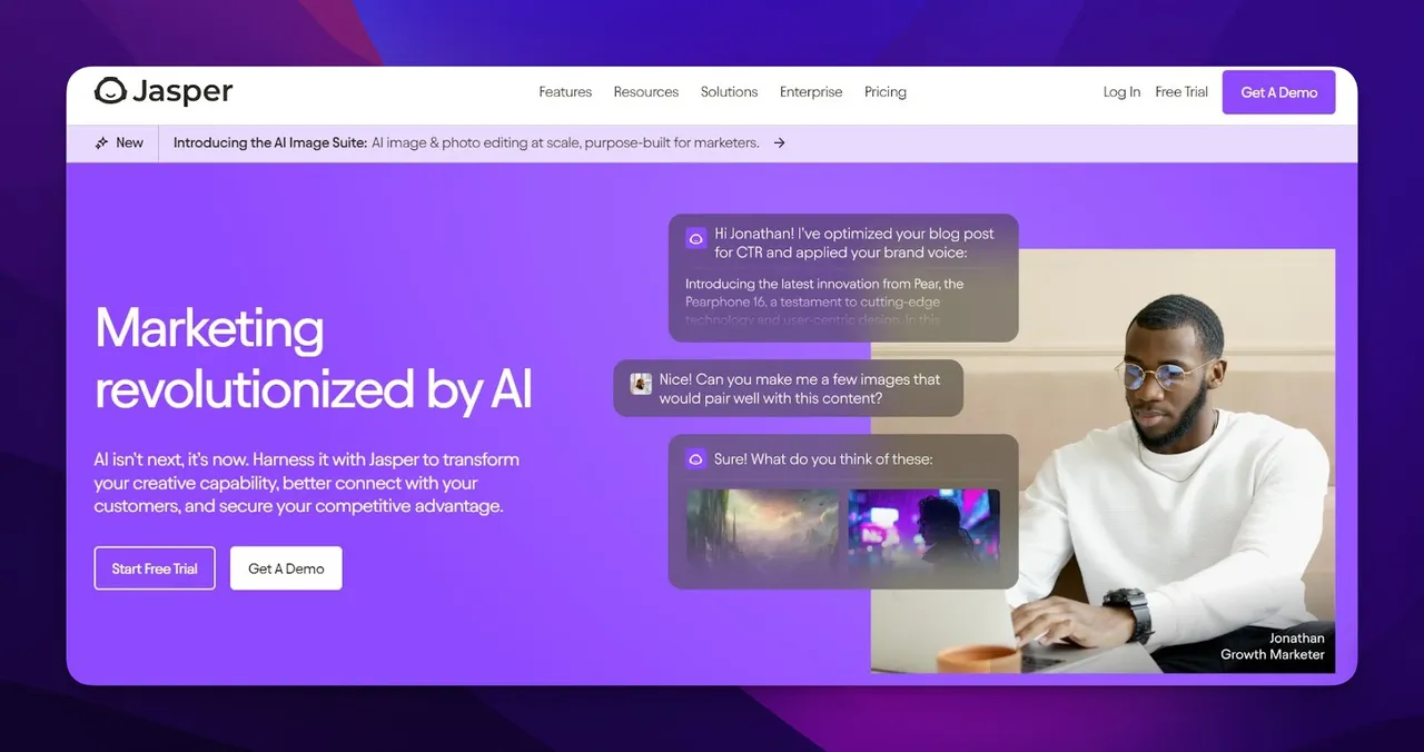 Jasper AI homepage showing AI marketing content creation platform