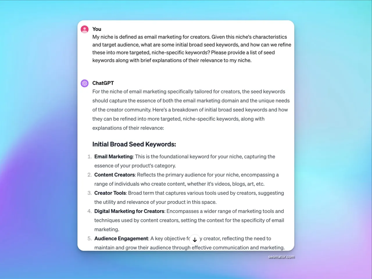 Niche keyword exploration prompt showing category refinement in ChatGPT