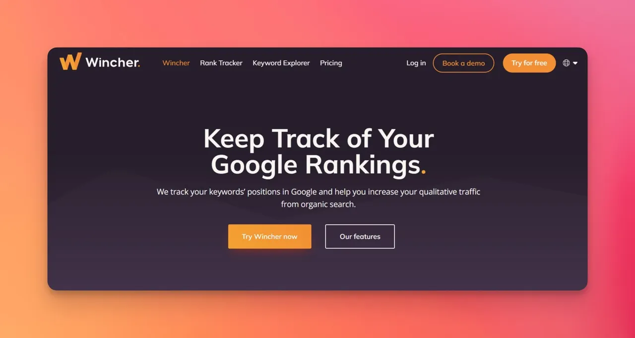 Wincher dashboard showing keyword position tracking with content optimization suggestions and ranking history charts