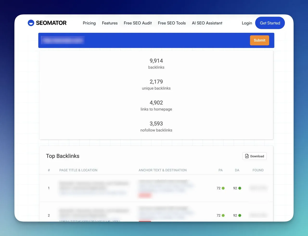 SEOmator's free backlink checker tool