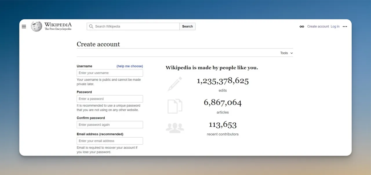 Wikipedia account creation page showing the registration form for new editors