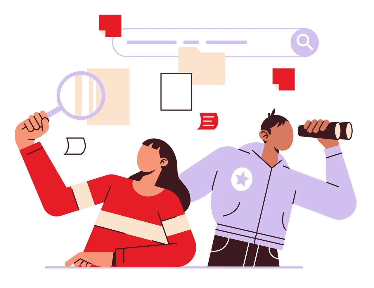 an illustration of a man and a woman are looking for on-page seo and off-page seo terms