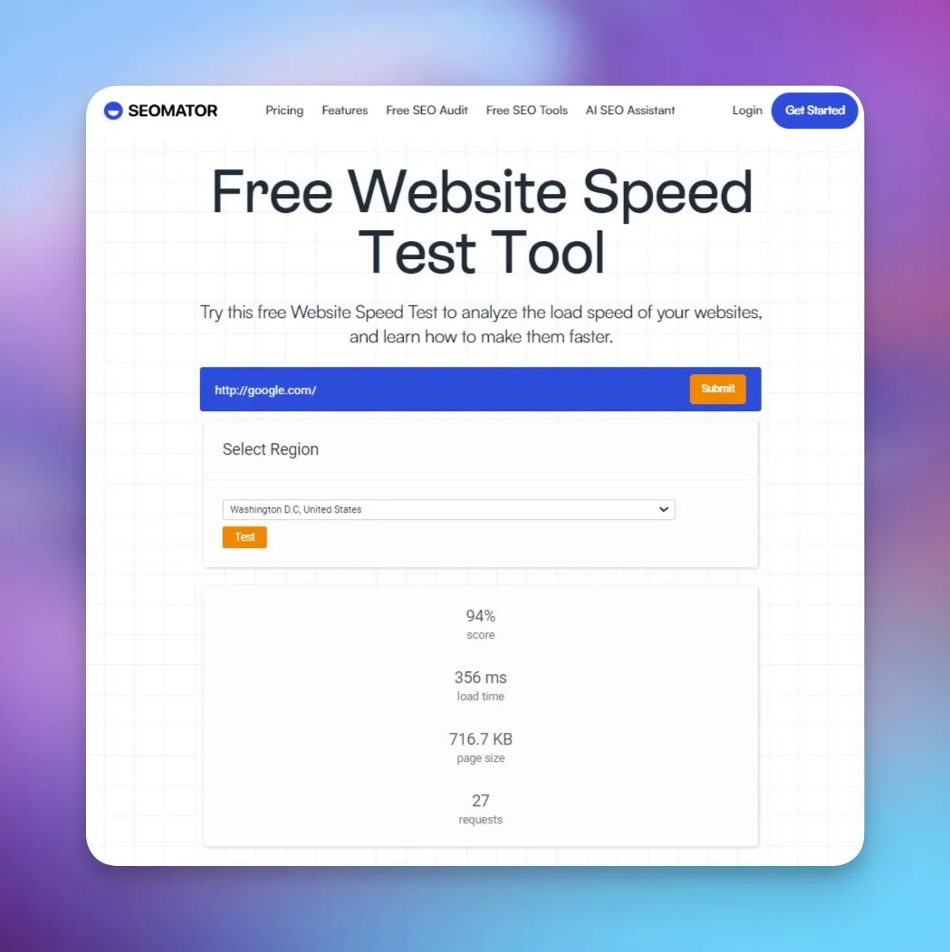 website speed checker tool of SEOmator