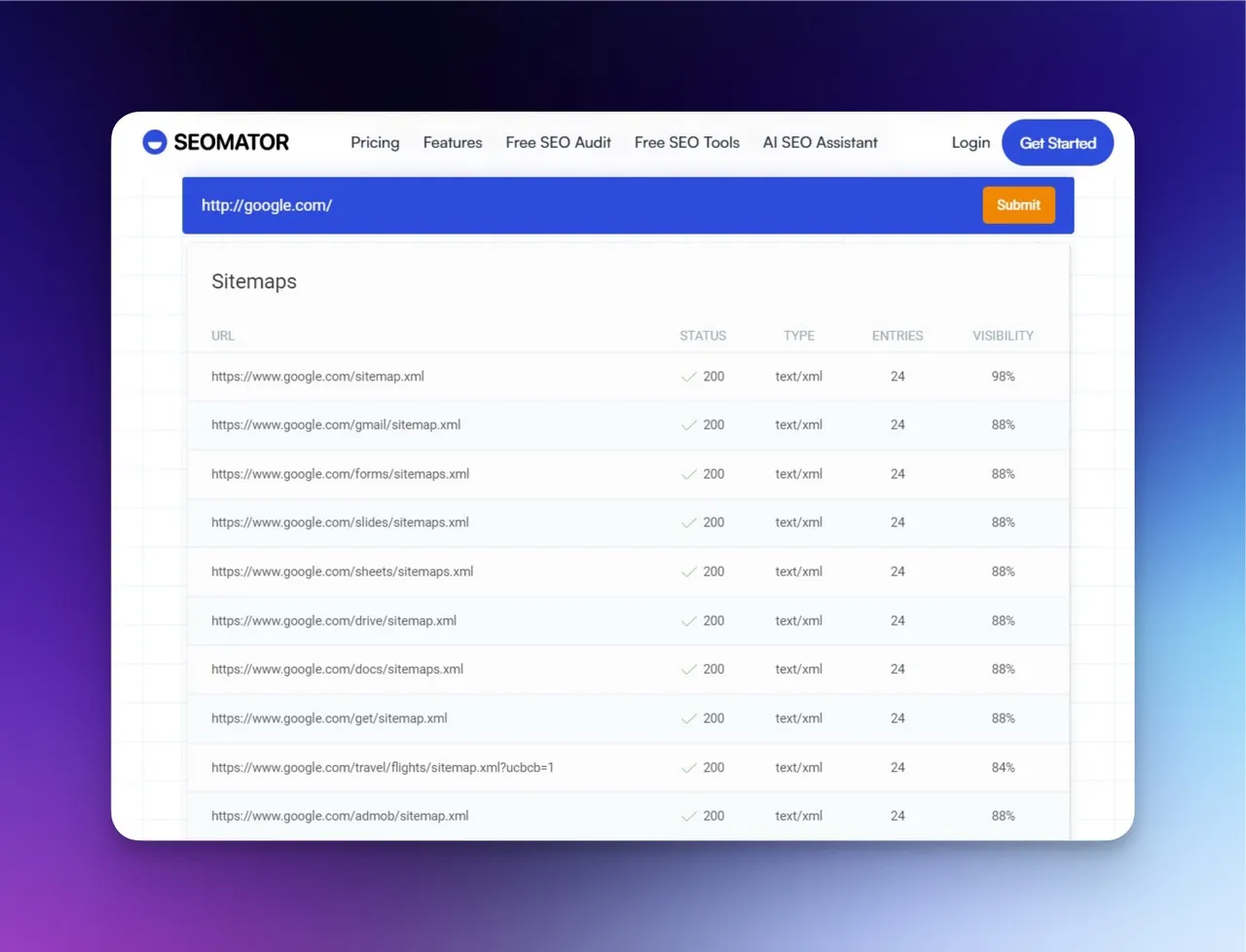 SEOmator Sitemap Finder Tool-Oberflaeche mit URL-Eingabefeld und automatischen Sitemap-Erkennungsergebnissen